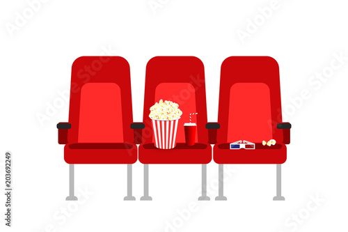 Cinema seats in a movie with popcorn, drinks and glasses. Flat vector cartoon Cinema seats illustration. Movie cinema premiere poster concept design. Show time