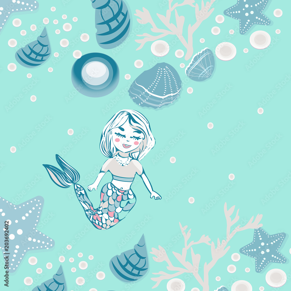Childish print. Cute mermaid, seashells, marine animals. Background for ...