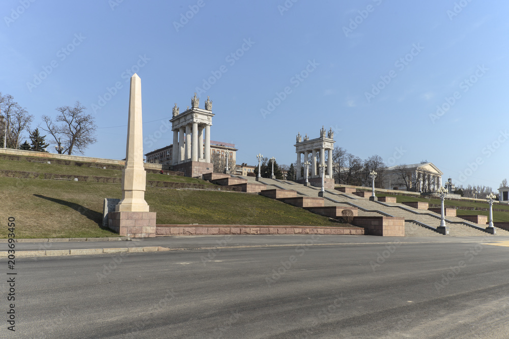 Volgograd, Russia, architectural ensemble of the Central embankment, in the early spring morning.