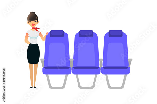 The stewardess is waiting for the passengers. Flight attentant female stands near the row seats. Vector flat colorful illustration of blue seat. Cartoon interior airplane empty seats