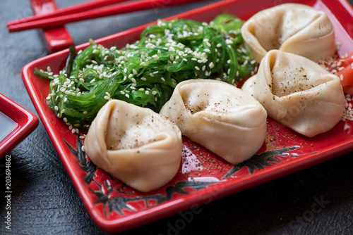 Close-up of steamed asian dumplings served with chuka salad on a red tray, selective focus