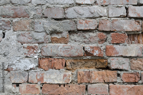 Weathered red brick wall background with spots