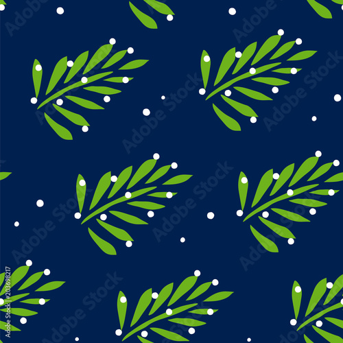 Tropical pattern with palm branches and polka dot on dark background. Ornament for textile and wrapping. Vector.
