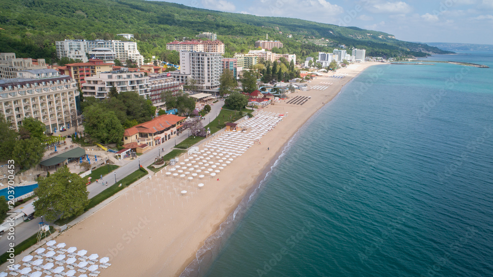 Aerial view of the beach and hotels in Golden Sands, Zlatni Piasaci. Popular summer resort near Varna, Bulgaria - obrazy, fototapety, plakaty 
