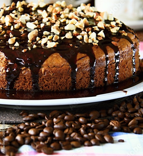 delicious coffee cake dripping with chocolate