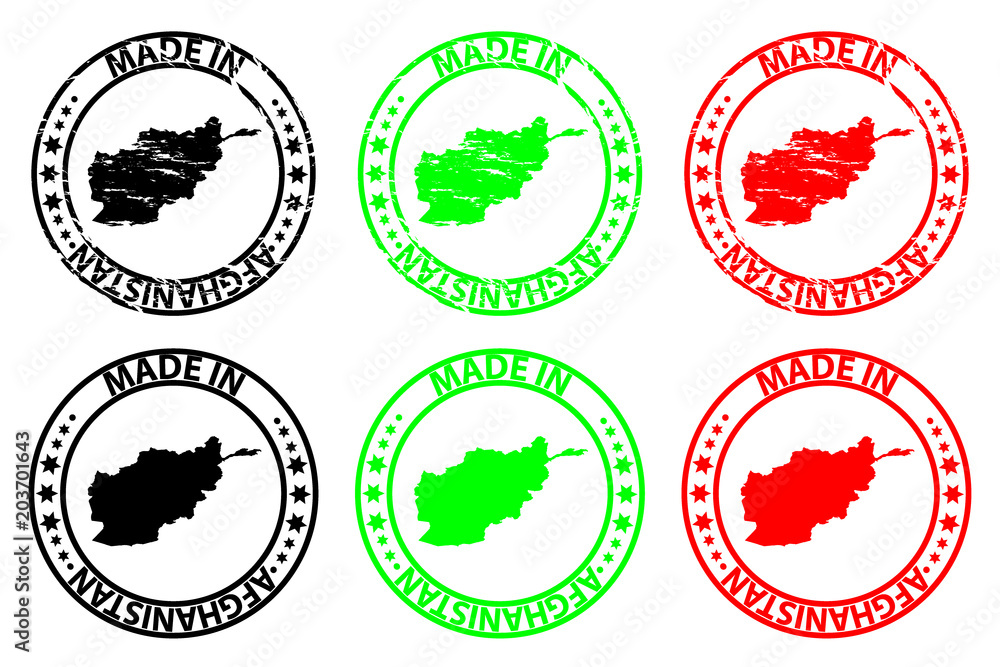 Made in Afghanistan  - rubber stamp - vector, Afghanistan map pattern - black, green and red