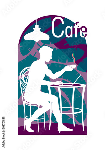 Young man sits on a chair in a cafe with a cup of coffee while working on a laptop  on an ornamental background and under the light of a lamp. Colored Vector illustration  white silhouette  isolated.