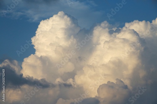 	
Fluffy Billowy Yellowish Cumulus Clouds in the Blue Summer Sky Late in the Afternoon in Florida	