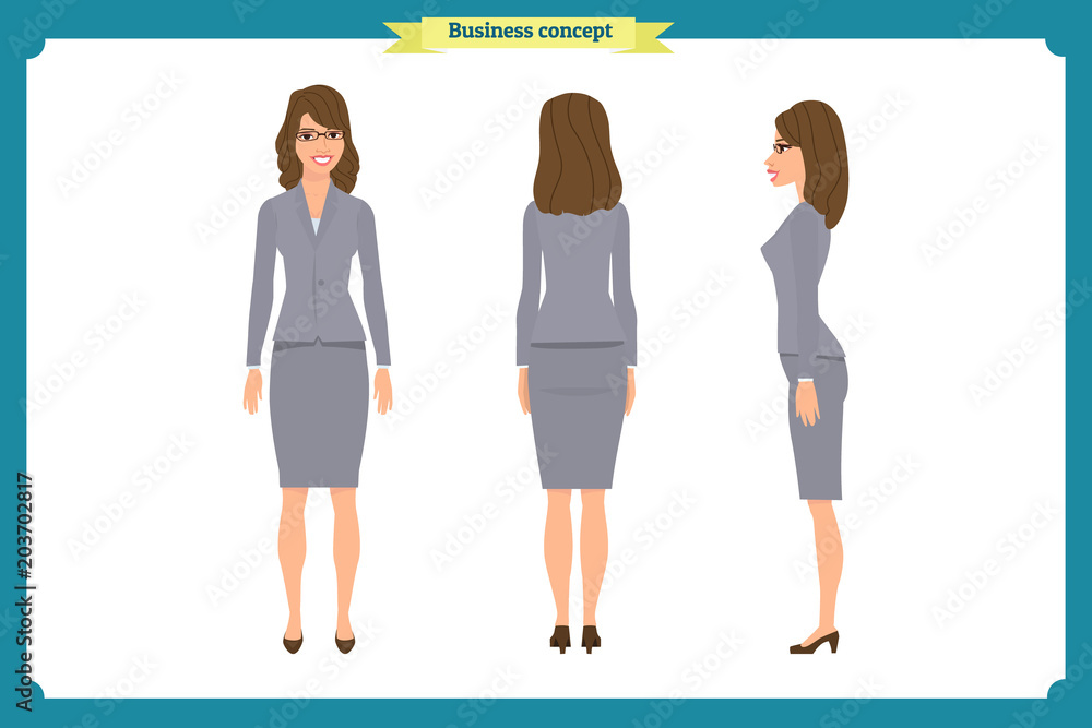 Obraz premium Set of Businesswoman character design.Front, side, back.Business girl, woman. Cartoon style, flat vector isolated.