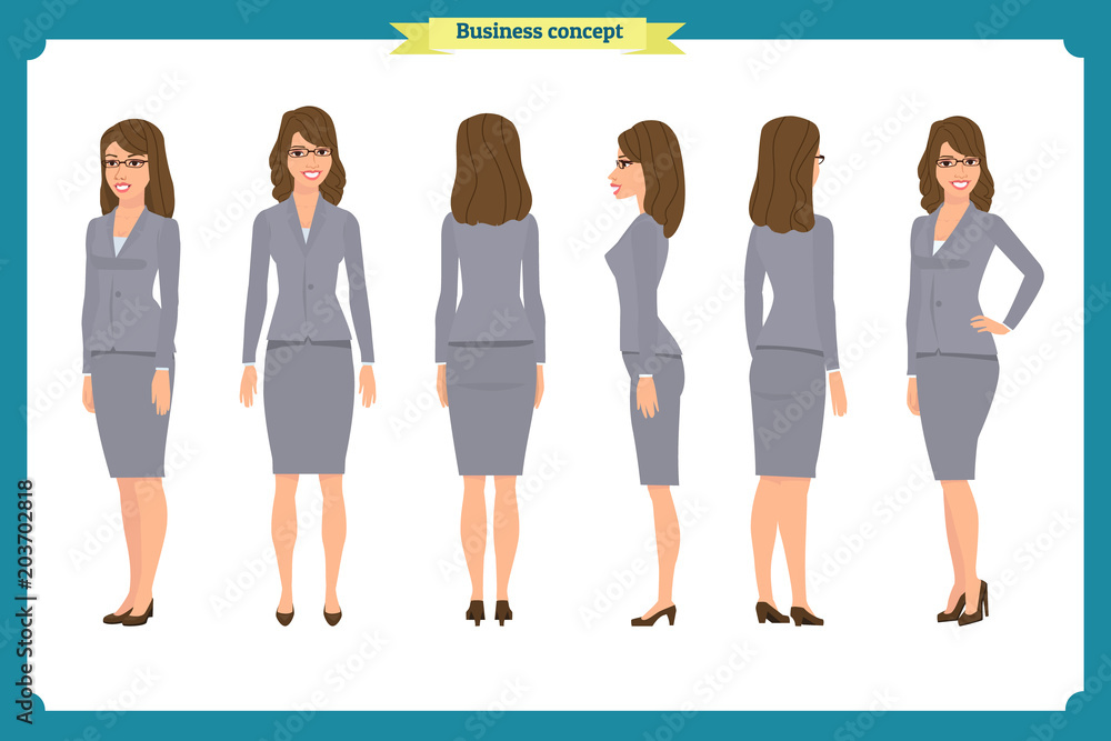 Obraz premium Set of Businesswoman character design.Front, side, back.Business girl, woman. Cartoon style, flat vector isolated.