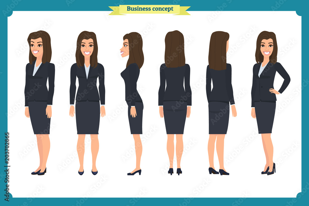 Obraz premium Set of Businesswoman character design.Front, side, back.Business girl, woman. Cartoon style, flat vector isolated.