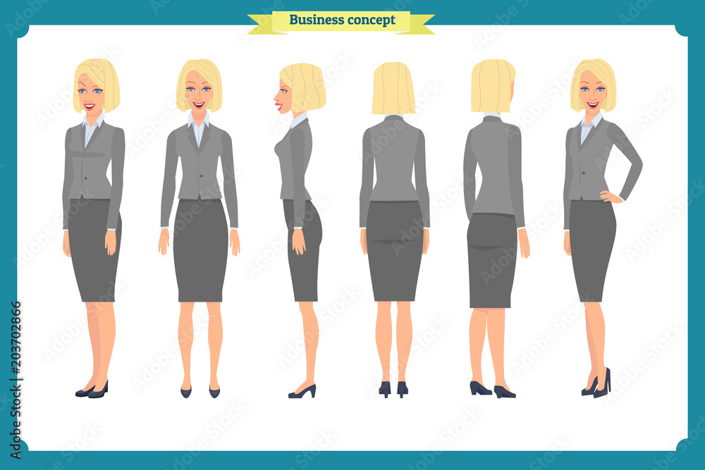 Obraz premium Set of Businesswoman character design.Front, side, back.Business girl, woman. Cartoon style, flat vector isolated.