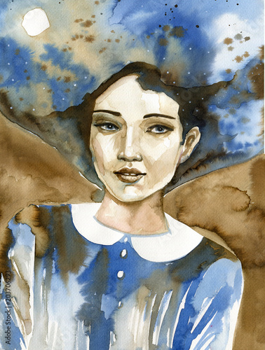 Watercolor portrait of a beautiful woman in blue. 