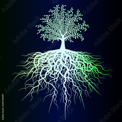 Szczegółowym szkicem drzewa życia jest zielony neon. Gęste korzenie - kreatywny szkic tatuażu