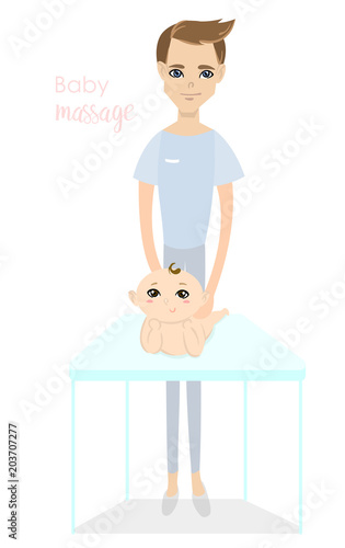 Baby massage for children. Flat isolated vector illustration. Brunette masseur in blue uniform doing massage for little boy