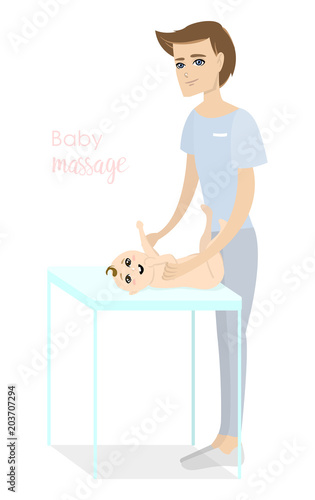 Baby massage for children. Flat isolated vector illustration. Brunette masseur in blue uniform doing massage for little boy