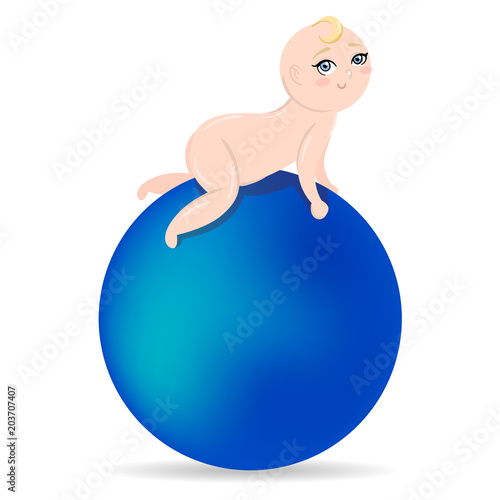 Cute blonde infant lies on the blue fit ball. Isolated vector illustration. Baby sport for children. Fitness