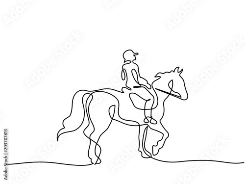 Continuous one line drawing. Horse and rider on horseback logo. Black and white vector illustration. Concept for logo, card, banner, poster, flyer