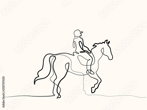 Continuous one line drawing. Horse and rider on horseback logo. Black and white vector illustration. Concept for logo, card, banner, poster, flyer