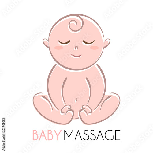 Logo baby isolated on the white background. The child is sitting in lotus posture. Text baby massage.