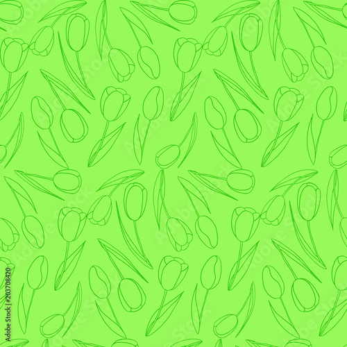 Green background with seamless pattern of tulips.