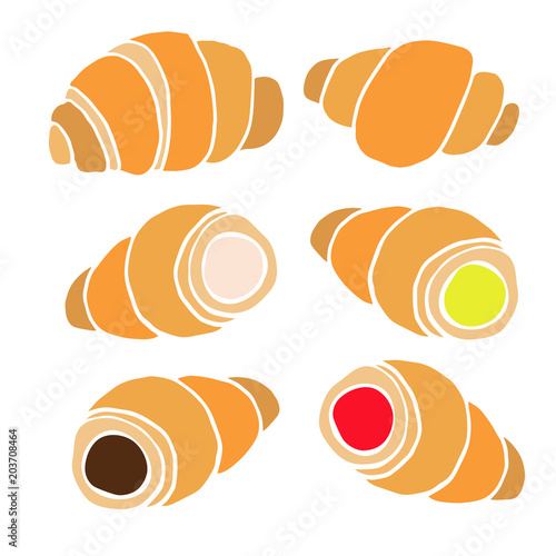 Hand drawn croissants with various fillings in a flat design on white background.
