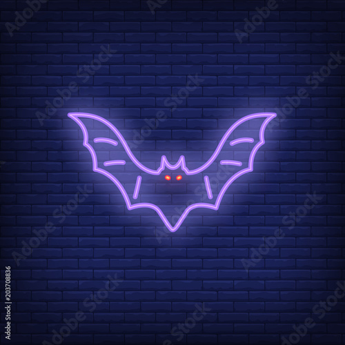 Bat neon sign. Flying bat with red eyes. Night bright advertisement. Vector illustration in neon style for Halloween and mystery