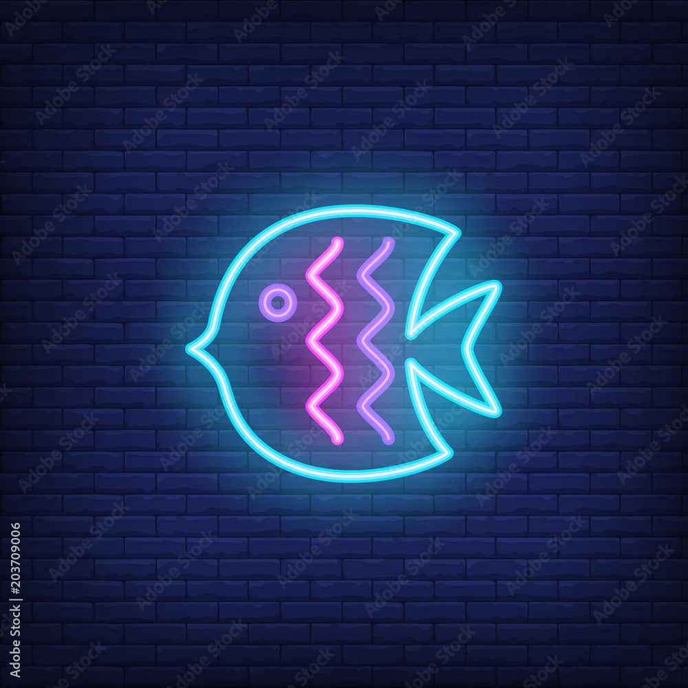 Fish neon sign. Colorful clown fish with bright wave lines. Night