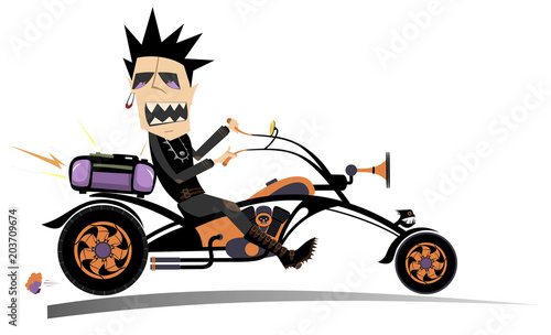 Cartoon biker man isolated. Comic man riding a bike with stereo system and singing a song isolated on white illustration 
