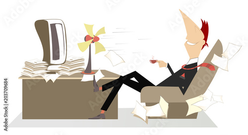 Office, man, table fan and a cup of coffee or tea illustration. Man in the office sits in the armchair in front of the tabletop fan and drinks a cup of coffee or tea 

