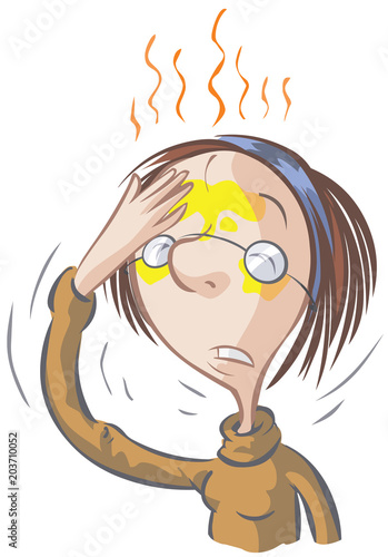 Cartoon woman suffering from a headache, the hand is on a separate layer for easier editing.