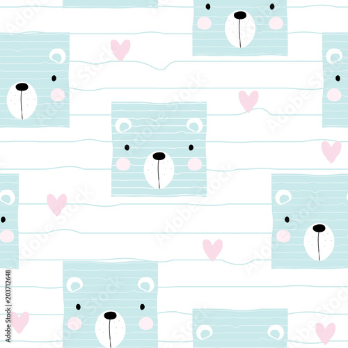 Cute pastel bear face seamless pattern. Vector hand drawn illustration.
