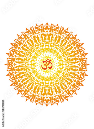 Mandala with the aum sign. Fine delicate ornament in orange and yellow colors. Vector graphics.
