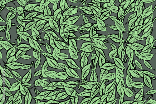 Conceptual background leaves drawing pattern for design. Cover, repeat, green & abstract.
