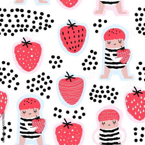 Tapeta Dziecinny wzór z słodkie dziewczyny i truskawki. Twórczy dzieci tło dla tkaniny, tkaniny, tapety, papier pakowy. Ilustracji wektorowych