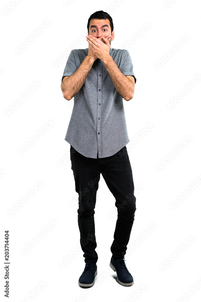 Handsome man covering mouth with hands Handsome man covering mouth with hands