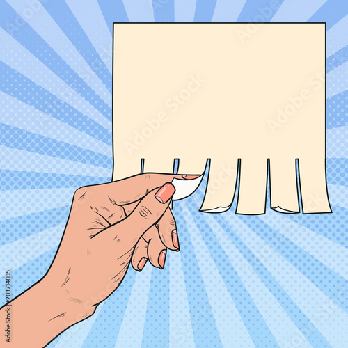 Pop Art Female Hand Tear a Piece of Blank Advertising. Vector illustration