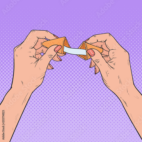 Pop Art Woman Holding Fortune Cookie with Blank Slip. Vector illustration