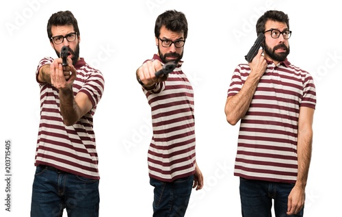Set of Man with glasses shooting with a pistol