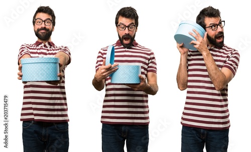 Set of Man with glasses holding a gift