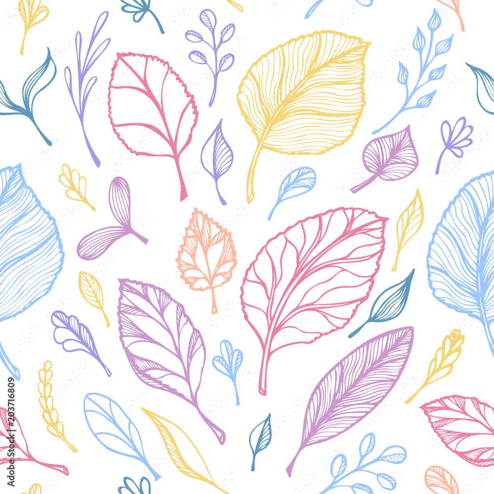 Seamless pattern from Hand draw structure of leaves colorful on white in line art for design flyer banner or for decoration package of tea or cosmetic or perfume or for design of botanical theme Seamless pattern from Hand draw structure of leaves colorful on white in line art for design flyer banner or for decoration package of tea or cosmetic or perfume or for design of botanical theme