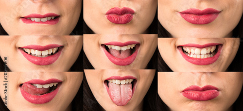 Set of Macro Close up lips of young woman