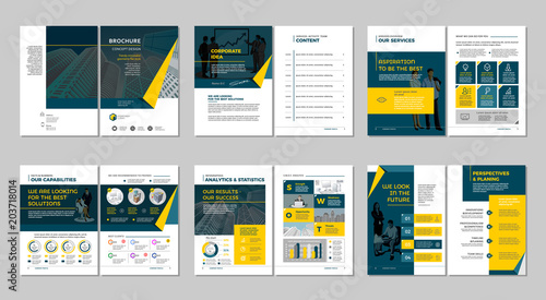 Brochure creative design. Multipurpose template with cover, back and inside pages. Trendy minimalist flat geometric design. Vertical a4 format.