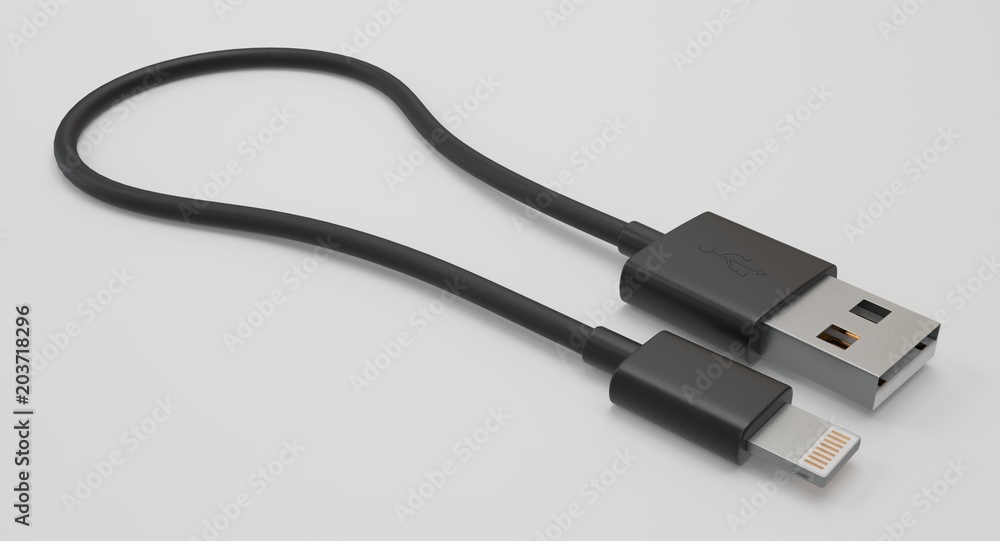 3D rendering - power usb cable with lightning connector isolated on white background. 3D rendering - power usb cable with lightning connector isolated on white background.