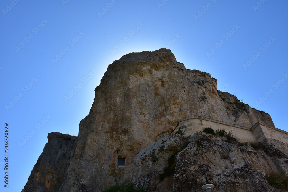 Italy, Basilicata, Matera, city of stones, Unesco heritage, capital of European culture 2019. Large rock where the Church of Santa Maria of Idris is built