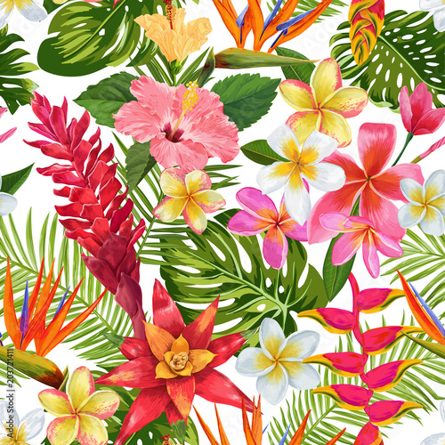 Watercolor Tropical Flowers and Palm Leaves Seamless Pattern. Floral Hand Drawn Background. Exotic Blooming Plumeria Flowers Design for Fabric, Textile, Wallpaper. Vector illustration