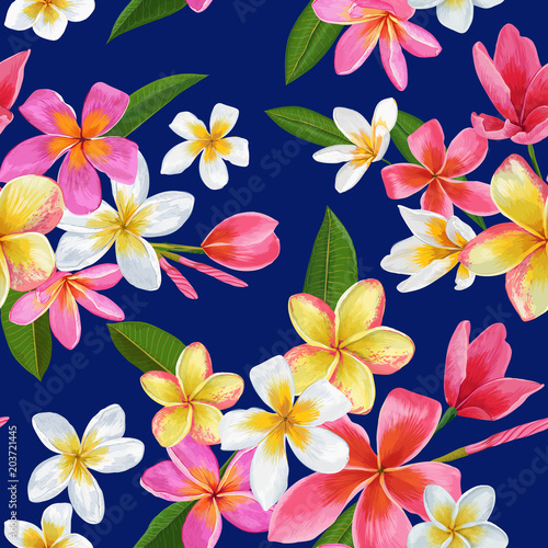 Watercolor Tropical Flowers Seamless Pattern. Floral Hand Drawn Background. Exotic Pink Plumeria Flowers Design for Fabric, Textile, Wallpaper. Vector illustration