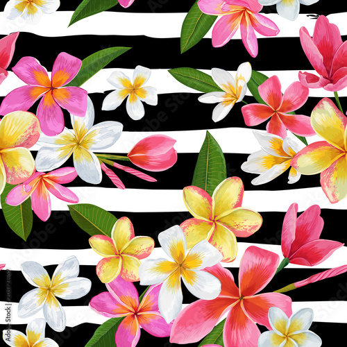 Watercolor Tropical Flowers Seamless Pattern. Floral Hand Drawn Background. Exotic Pink Plumeria Flowers Design for Fabric, Textile, Wallpaper. Vector illustration