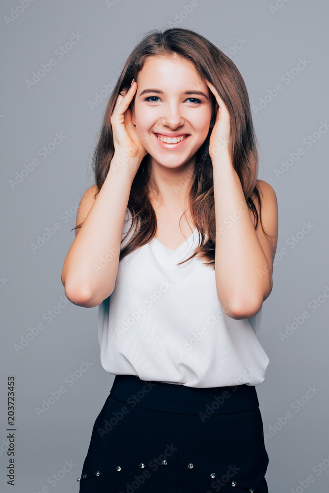 Portrait of young beauty woman fashion isolated gray background Portrait of young beauty woman fashion isolated gray background