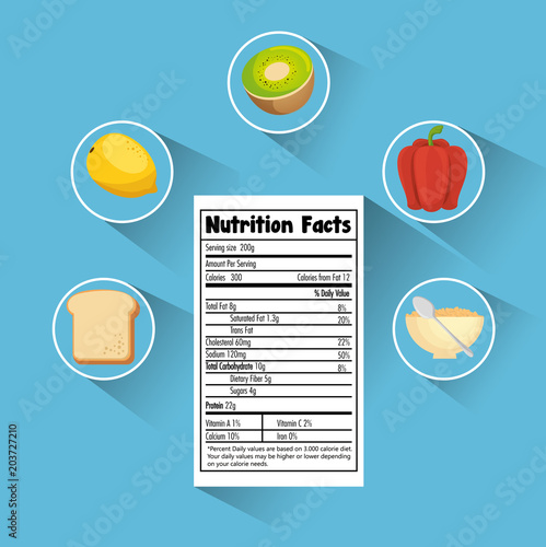group of nutritive food with nutrition facts vector illustration design